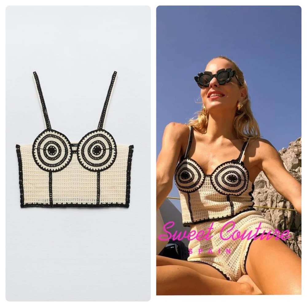 Zara Beige Black Crochet Crop Top Corset Mini Size Medium NWT New